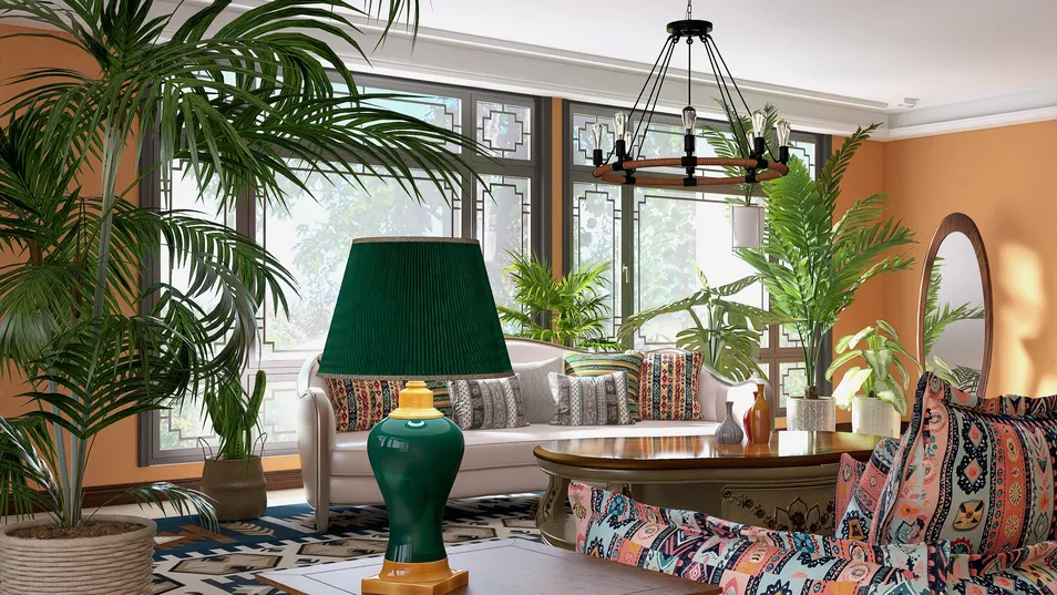 living room with vibrant plants and decorative furniture arranged in a bohemian style, showcasing interior design using Homestyler's 3D rendering feature