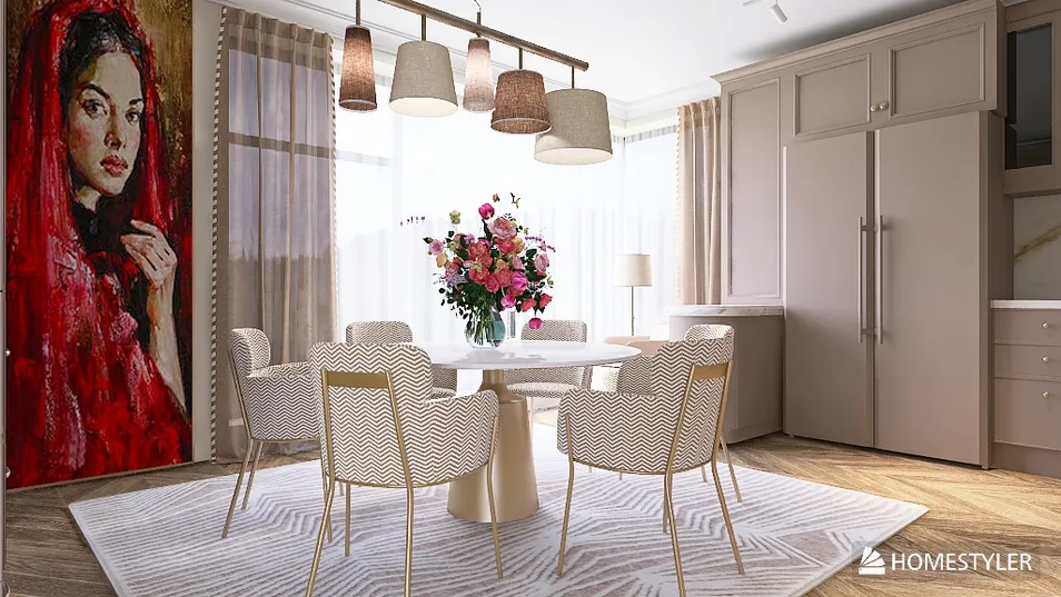 Dining area featuring a round table with stylish chairs, decorated with a vibrant floral arrangement, designed in a modern aesthetic; showcasing Homestyler’s real-time 3D rendering functionality to visualize interior layout.