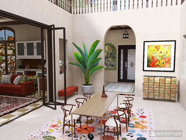 cozy dining area with a wooden table and chairs amidst a vibrant decor featuring plants and artwork in a spacious home interior design, showcasing Homestyler's real-time 3D rendering feature.