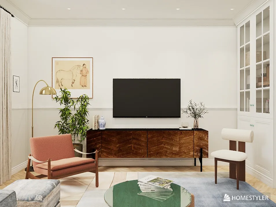 modern living room featuring a stylish wooden TV cabinet and comfortable seating arrangements, showcasing optimal interior decor with smart furniture layout functionality in Homestyler.