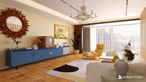 Living room featuring retro furniture arrangement and vibrant decor style, showcasing an inviting atmosphere with a focus on interior design using Homestyler's real-time 3D rendering feature.