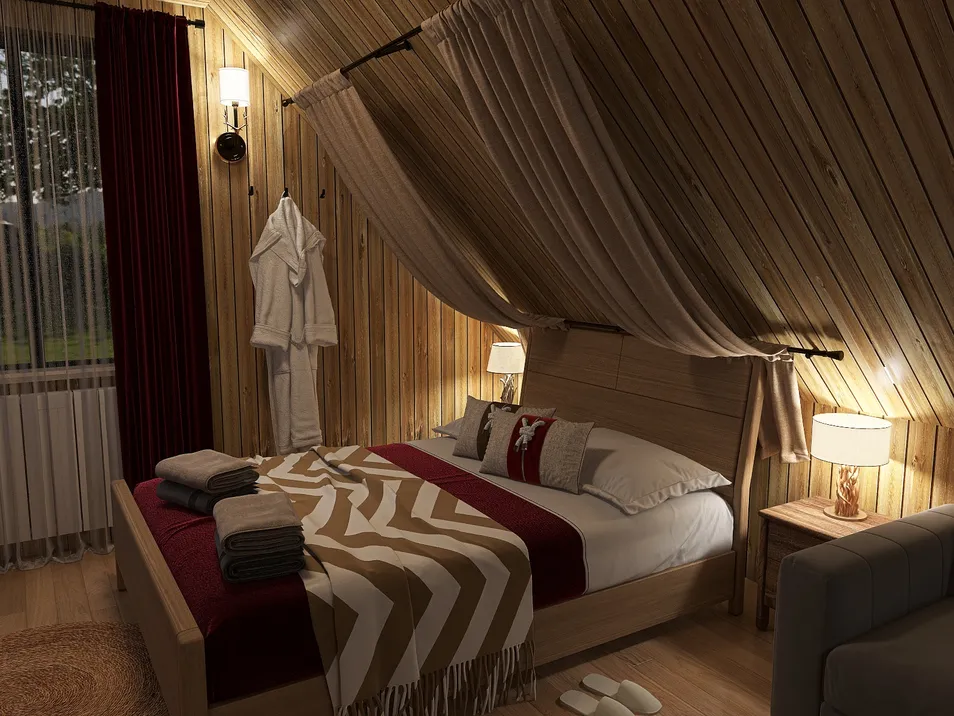 a cozy wooden bedroom featuring a welcoming bed setup with layered blankets and pillows, designed in a rustic style for optimal comfort, showcasing Homestyler's real-time 3D rendering feature.