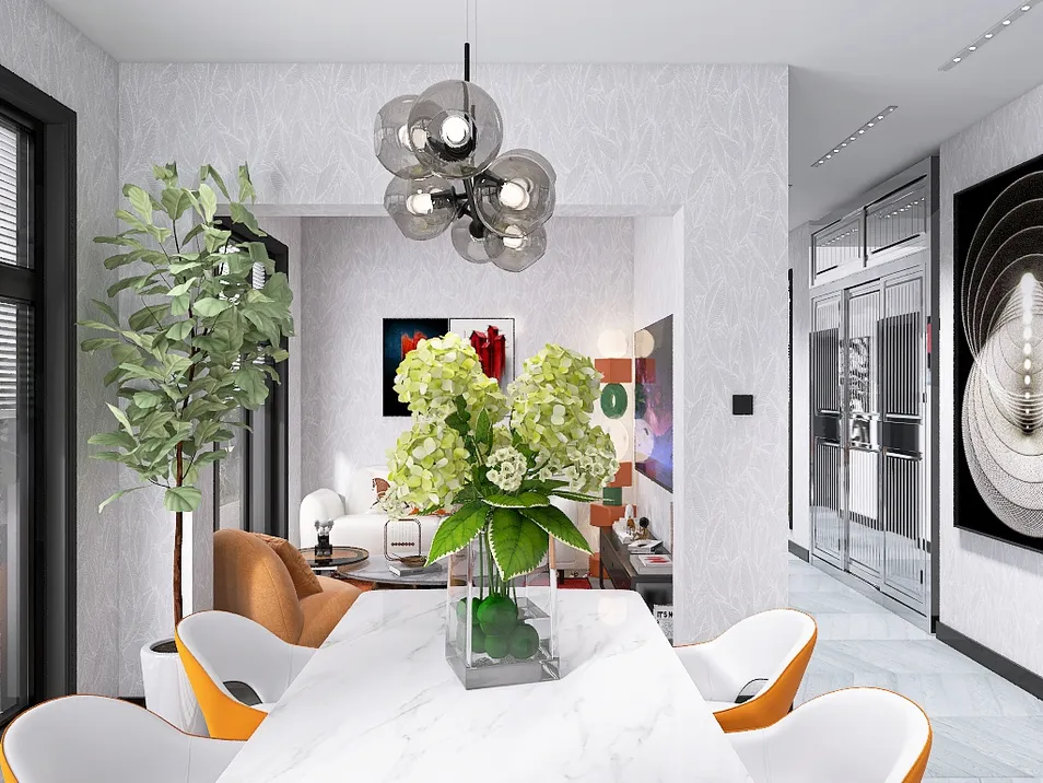 Dining area featuring a marble table adorned with a vase of flowers, complemented by stylish chairs, showcasing modern interior design and utilizing Homestyler's real-time 3D rendering feature for an enhanced visual preview.