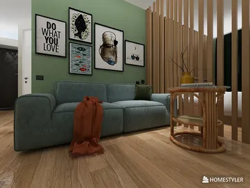 modern living room design featuring a comfortable sofa and elegant wall art, showcasing a cozy atmosphere and utilizing Homestyler's real-time 3D rendering for a visual preview of interior decor.