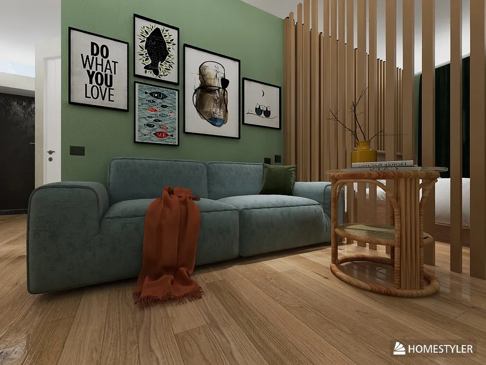 modern living room design featuring a comfortable sofa and elegant wall art, showcasing a cozy atmosphere and utilizing Homestyler's real-time 3D rendering for a visual preview of interior decor.