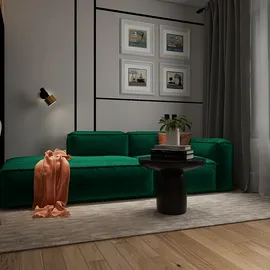Lush green sofa styled with decorative pillows and a cozy throw, creating a modern and elegant living room atmosphere, showcasing a vibrant interior decor design using Homestyler's real-time 3D rendering feature.