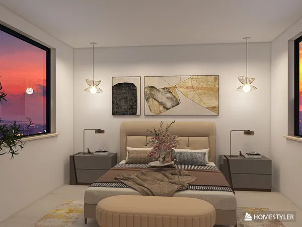 modern bedroom design with stylish furniture arrangement, featuring elegant decor preferences and optimizing space usage for comfort, utilizing Homestyler's real-time 3D rendering feature.