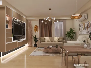 modern living room design showcasing a cozy seating arrangement and stylish entertainment unit, featuring a warm color palette, emphasizing interior decor with a focus on Homestyler's real-time 3D rendering capabilities