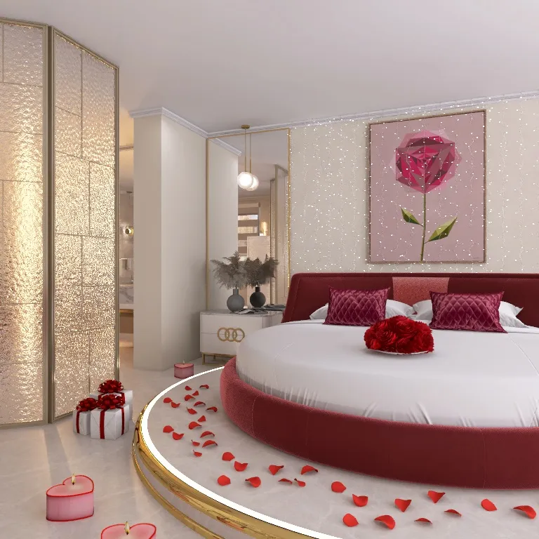 round bed adorned with rose petals in a romantic bedroom setting featuring elegant decor and soft lighting, showcasing interior design with a focus on creating a cozy atmosphere, utilizing Homestyler's real-time 3D rendering for design proposals.