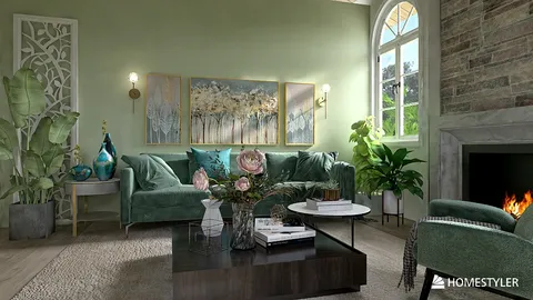 cozy living room featuring a green velvet sofa styled with elegant décor, showcasing a modern design aesthetic, highlighting the importance of interior decor using Homestyler's real-time 3D rendering feature.