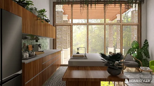 Modern kitchen with wooden cabinetry and open layout, featuring a stylish living area and abundant natural light, optimized for small space efficiency using Homestyler's smart furniture arrangement.