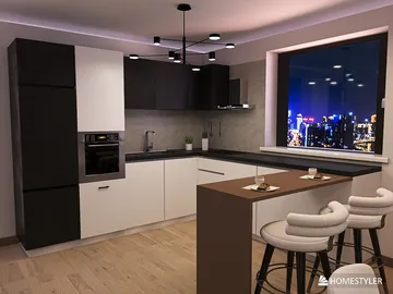 modern kitchen design featuring sleek black and white cabinetry and a stylish breakfast bar with seating, showcasing a contemporary aesthetic suitable for urban living; designed using Homestyler's real-time 3D rendering feature for instant visualization.