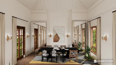 Elegant dining room featuring a modern table setting, showcasing contemporary decor and refined aesthetics, ideal for interior design enthusiasts; utilizing Homestyler's real-time 3D rendering for accurate visual previews.