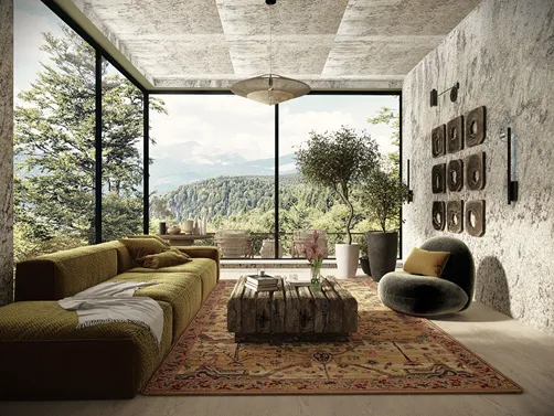 modern living room showcasing cozy furniture arrangement with a natural earthy vibe and panoramic views, highlighting interior decor with sustainability in mind, using Homestyler's real-time 3D rendering feature.