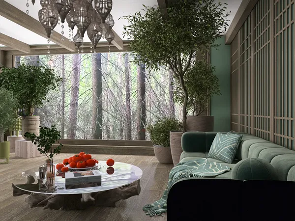 living room design with a modern sofa and marble coffee table showcasing an elegant greenery theme, featuring a large window with forest view, utilizing Homestyler's real-time 3D rendering functionality for an immersive interior decor experience.