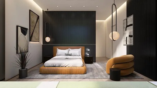 modern bedroom design featuring a stylish bed and unique seating arrangement with a cozy atmosphere, utilizing Homestyler's real-time 3D rendering for an immersive preview of interior decor.