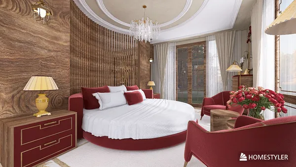 Cozy bedroom featuring a round bed arrangement in a luxurious style with warm wooden accents, showcasing interior design with Homestyler's real-time 3D rendering for effective space planning.