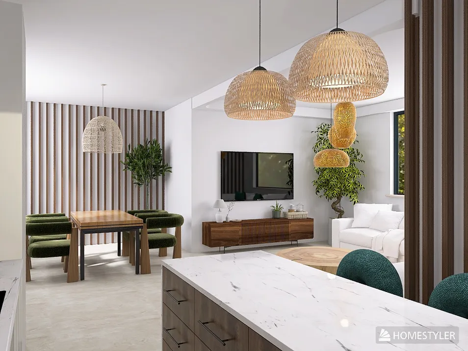modern living room redesign featuring woven pendant lights and natural elements, showcasing cozy interior decor for a stylish space, utilizing Homestyler's real-time 3D rendering functionality