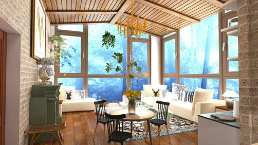 spacious living room with large windows showcasing nature views featuring modern furniture arrangement in a contemporary style, utilizing Homestyler's real-time 3D rendering for accurate design visualization.