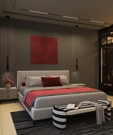 Modern bedroom design featuring a gray bed with red accents, showcasing a sophisticated style and a cozy atmosphere, utilizing Homestyler's real-time 3D rendering feature.