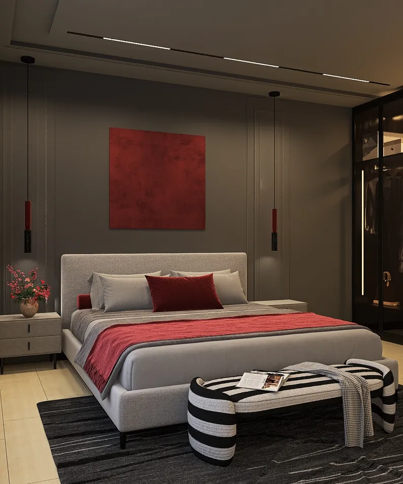 Modern bedroom design featuring a gray bed with red accents, showcasing a sophisticated style and a cozy atmosphere, utilizing Homestyler's real-time 3D rendering feature.