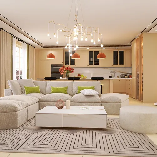 spacious living room featuring a cozy sectional sofa and modern pendant lights, designed in a contemporary style for optimal interior decor with Homestyler's real-time 3D rendering capabilities.