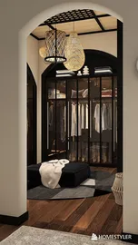 Entrance hallway with a stylish wardrobe showcasing modern clothing arrangement in a contemporary design, featuring a cozy ambiance and optimized space using Homestyler's intelligent furniture layout.