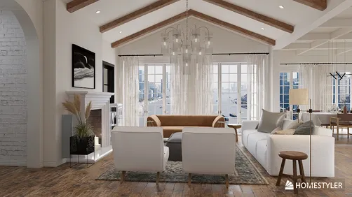living room with a cozy sofa and armchairs adding a modern touch to the space, showcasing a blend of contemporary and rustic style, featuring interior design elements for Homestyler's real-time 3D rendering function.