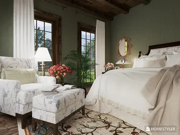 cozy bedroom featuring a comfortable armchair and decorative bench, designed in a rustic style, showcasing interior decor concepts using Homestyler's 3D rendering capabilities