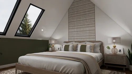 Cozy attic bedroom featuring a stylish bed with green accents, showcasing a modern design aesthetic and maximizing space efficiency, utilizing Homestyler's real-time 3D rendering for effective design proposals.