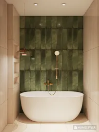 A modern bathtub placed against a stylish green tiled wall, featuring elegant fixtures and ambient lighting, showcasing interior design aesthetics for a luxurious bathroom environment, utilizing Homestyler's real-time 3D rendering feature.