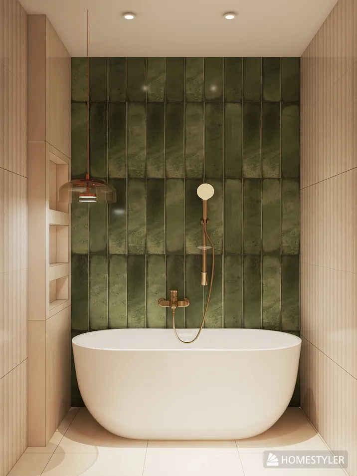 A modern bathtub placed against a stylish green tiled wall, featuring elegant fixtures and ambient lighting, showcasing interior design aesthetics for a luxurious bathroom environment, utilizing Homestyler's real-time 3D rendering feature.