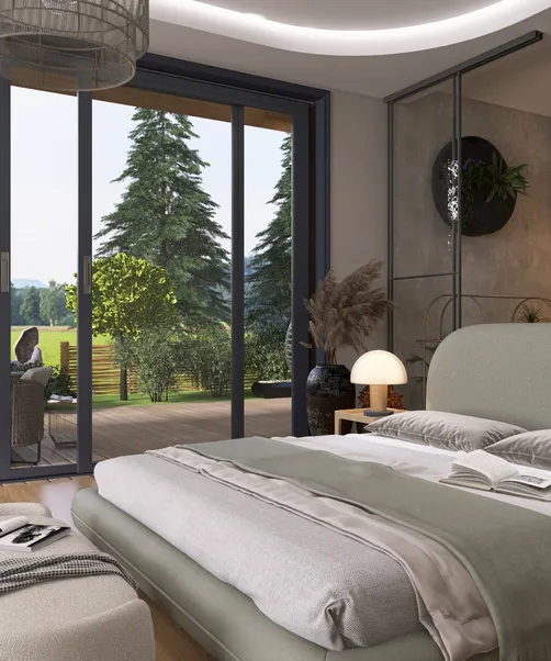 A cozy bedroom featuring a modern bed with soft bedding, showcasing a warm and inviting atmosphere, designed using Homestyler's real-time 3D rendering for quick visualization of interior layouts.