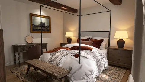 Elegant bedroom with a four-poster bed designed in a contemporary style featuring soft bedding and warm lighting, showcasing interior decor optimization using Homestyler's real-time 3D rendering.