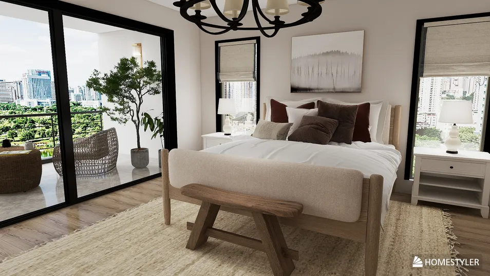 A modern bedroom with a large bed and stylish decor, showcasing interior design through smart furniture arrangement, with an emphasis on space optimization. This image utilizes Homestyler's real-time 3D rendering feature.