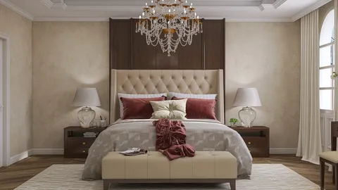 luxurious bedroom design featuring a stylish tufted headboard and elegant chandelier, designed using Homestyler for an upscale interior decor