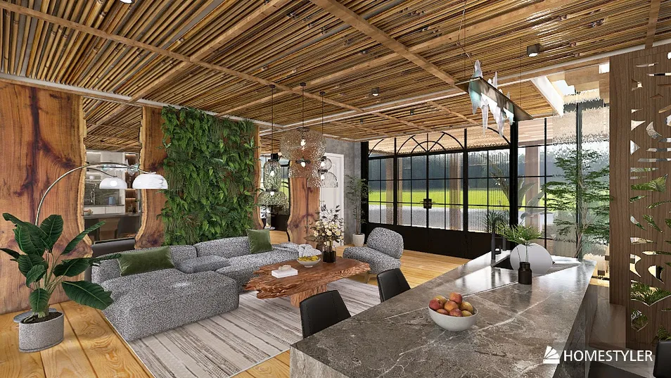 Modern living room with sectional sofa and wooden accents, showcasing interior design using Homestyler's real-time 3D rendering feature for a nature-inspired atmosphere.