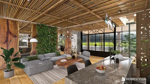 Modern living room with sectional sofa and wooden accents, showcasing interior design using Homestyler's real-time 3D rendering feature for a nature-inspired atmosphere.