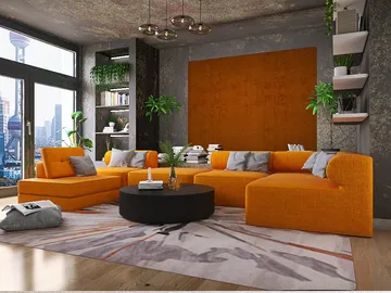 modern living room with orange sectional sofa and black coffee table showcasing smart furniture arrangement in an urban apartment, featuring Homestyler's real-time 3D rendering capabilities.