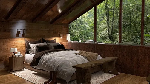 Cozy bedroom with wooden decor featuring a layered bed setup, designed in a rustic style, offering a tranquil space perfect for relaxation, utilizing Homestyler's real-time 3D rendering functionality.