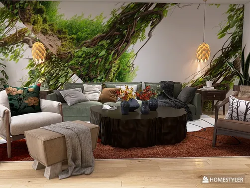cozy living room with green accents showcasing a nature-inspired mural, featuring a round black coffee table and stylish seating arrangement, highlighting interior design with Homestyler's real-time 3D rendering capability.