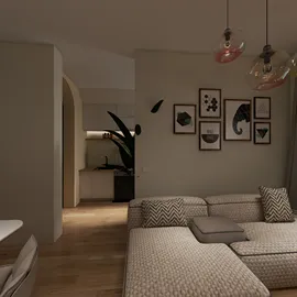 cozy living room with modern furniture arrangement featuring art on walls in a minimalist style, optimized with Homestyler's real-time 3D rendering for design previews