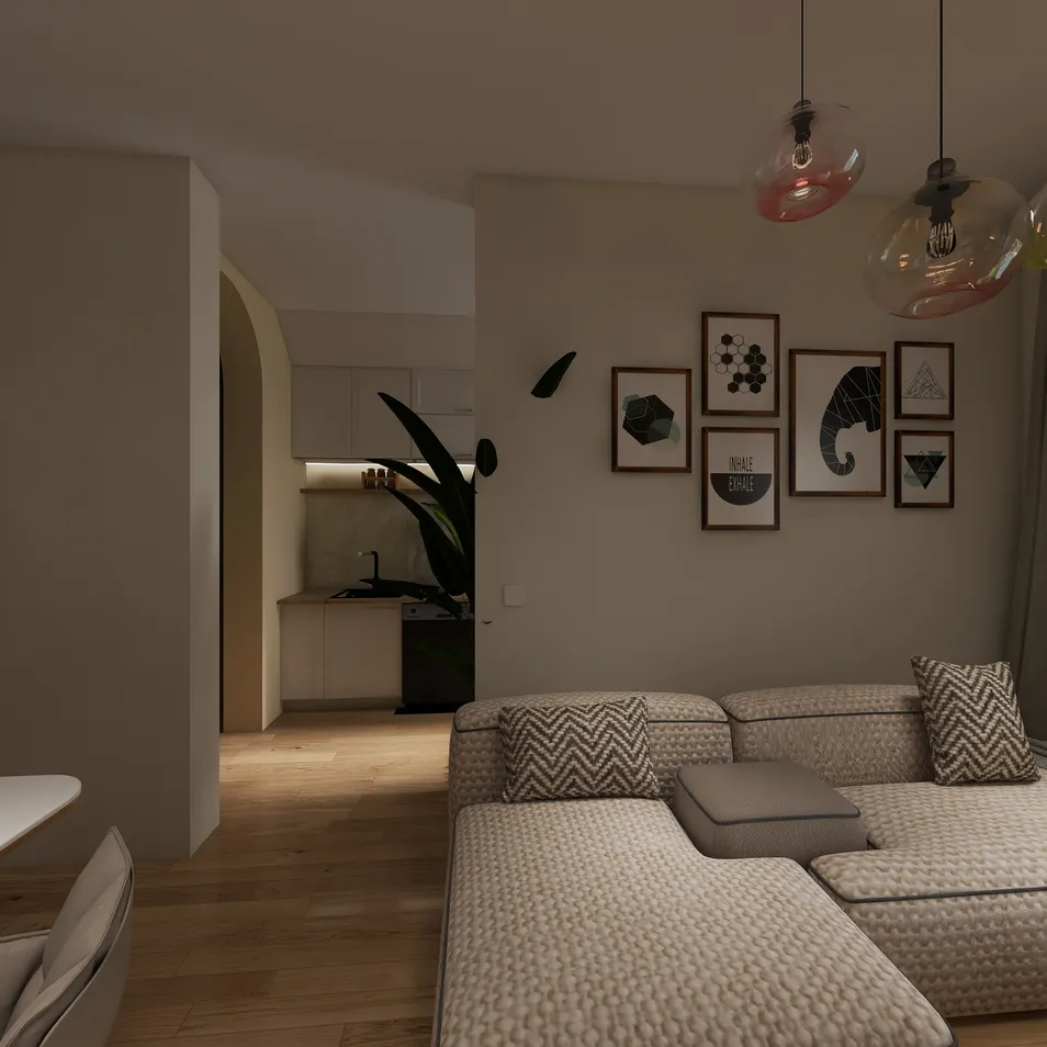 cozy living room with modern furniture arrangement featuring art on walls in a minimalist style, optimized with Homestyler's real-time 3D rendering for design previews