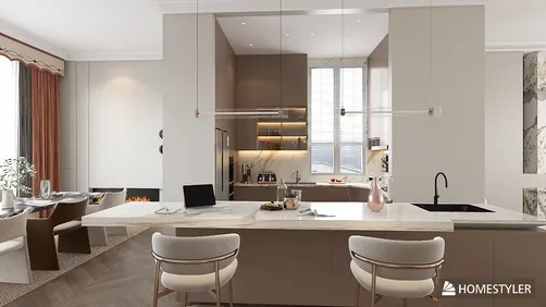 Modern kitchen with minimalist design featuring a large island and smart furniture arrangement, showcasing homestyler's real-time 3D rendering for effective interior decor planning.