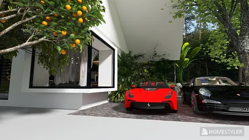 exterior view of a modern house featuring a red sports car and a black luxury car surrounded by lush greenery and trees, showcasing contemporary architecture and outdoor space optimization using Homestyler's real-time 3D rendering.