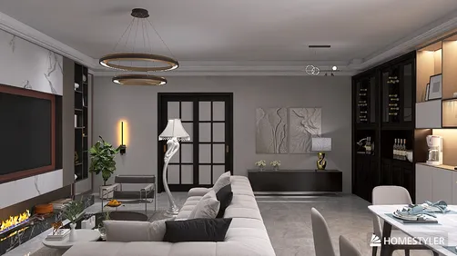 Modern living room with sleek furniture arrangement showcasing a minimalist style, featuring a cozy fireplace and elegant decor, designed using Homestyler's real-time 3D rendering.