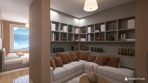 cozy living room interior design featuring a sectional sofa and built-in bookshelves with a lake view, showcasing Homestyler's real-time 3D rendering ability.