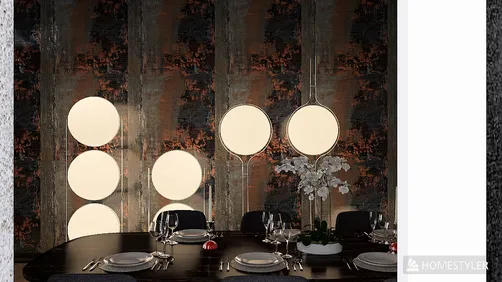 dining room with contemporary lighting design featuring circular wall lamps and textured wallpaper, showcasing interior decor aesthetics using Homestyler's real-time 3D rendering feature.