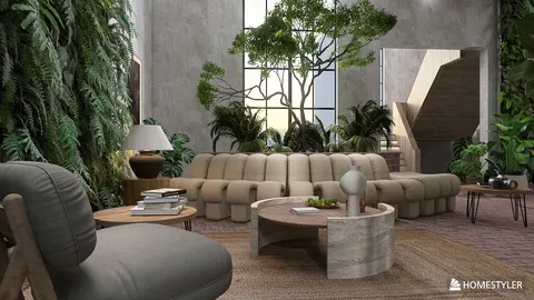 modern living room featuring a cozy curved sofa, tropical plants, and natural materials, showcasing interior decor with homestyler's real-time 3D rendering capability.