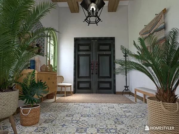 Interior hallway features double doors with decorative plants and woven furniture, showcasing a bohemian design style and enhancing the space's value; includes Homestyler's real-time 3D rendering capability.